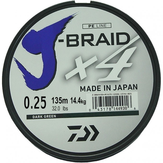 Шнур DAIWA J-Braid X4 0,25мм 135м Dark green 12741-025