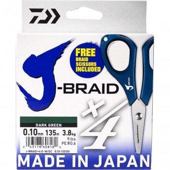 Шнур DAIWA J-Braid X4E-W/SC 0,10мм 135м dark green + ножницы Шнур DAIWA J-Braid X4E-W/SC 0,10мм 135м dark green + ножницы