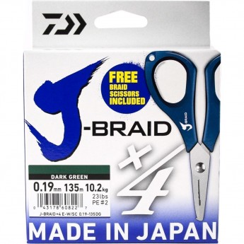 Шнур DAIWA J-Braid X4E-W/SC 0,19мм 135м dark green + ножницы Шнур DAIWA J-Braid X4E-W/SC 0,19мм 135м dark green + ножницы